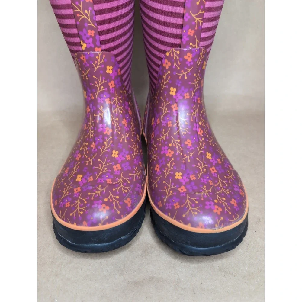 Bogs Youth 5 Winter Boots Pink Orange Stripes Flowers Waterproof Snow Pull On